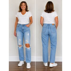 J.Crew High Rise Straight Mom Jeans Size 14 Distressed Light Wash Denim
